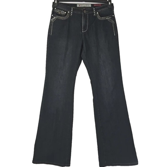 Gene Culture ~Woman Size 12~ Dark Wash Denim Mid Rise Boot Cut Jeans Black. - Picture 1 of 12